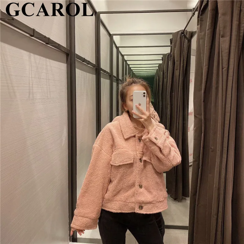 GCAROL, новинка, Женская куртка большого размера из искусственного меха, Осень-зима, 2 кармана, теплая, повседневная, короткая, имитация шерсти, уличная одежда, шикарное пальто