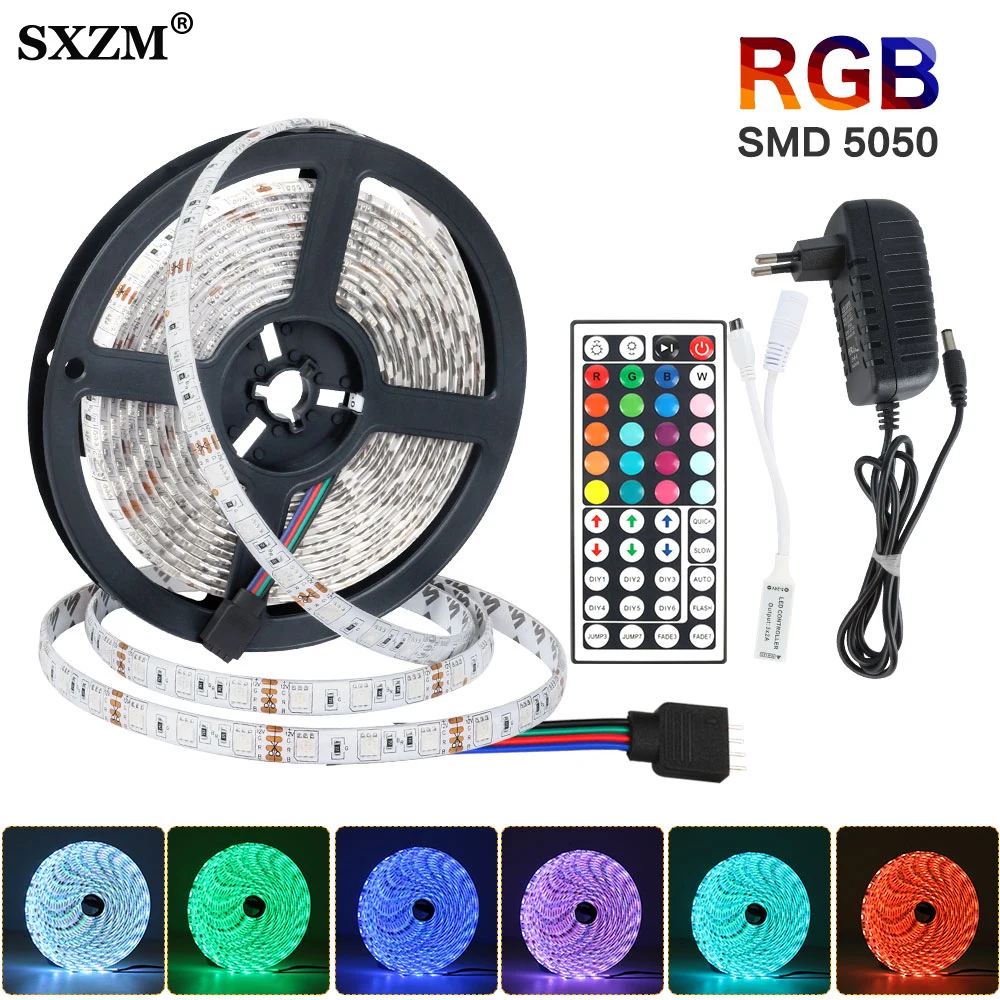 5 м Светодиодная лента светильник RGB 5050 SMD 2835 DC 12 В гибкая лента 60 светодиодный/м светодиодный светильник RGB лента диод пульт дистанционного управления с адаптером