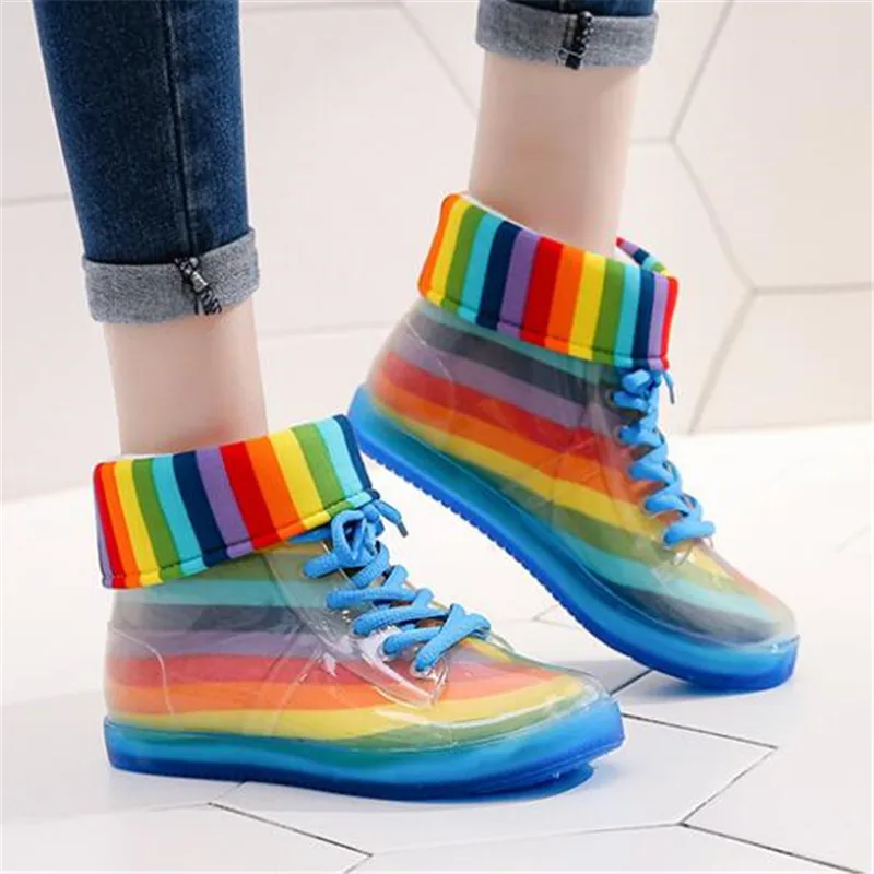 

Ankle Rain Boots Removable Cover Platform Lace Up PU Waterproof Motorcycle Colorful Ankle Mature Boots Woman Shoes