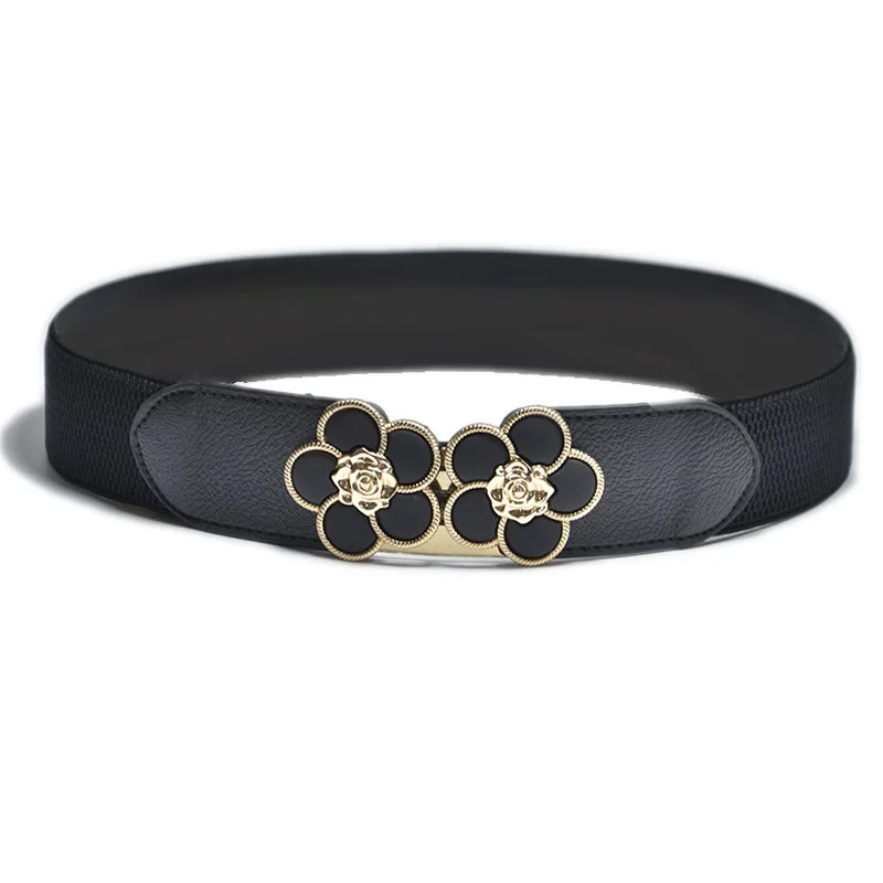 

Autumn and winter new elastic ladies waistband fashion simple flower decoration double buckle elastic wide belt wholesale