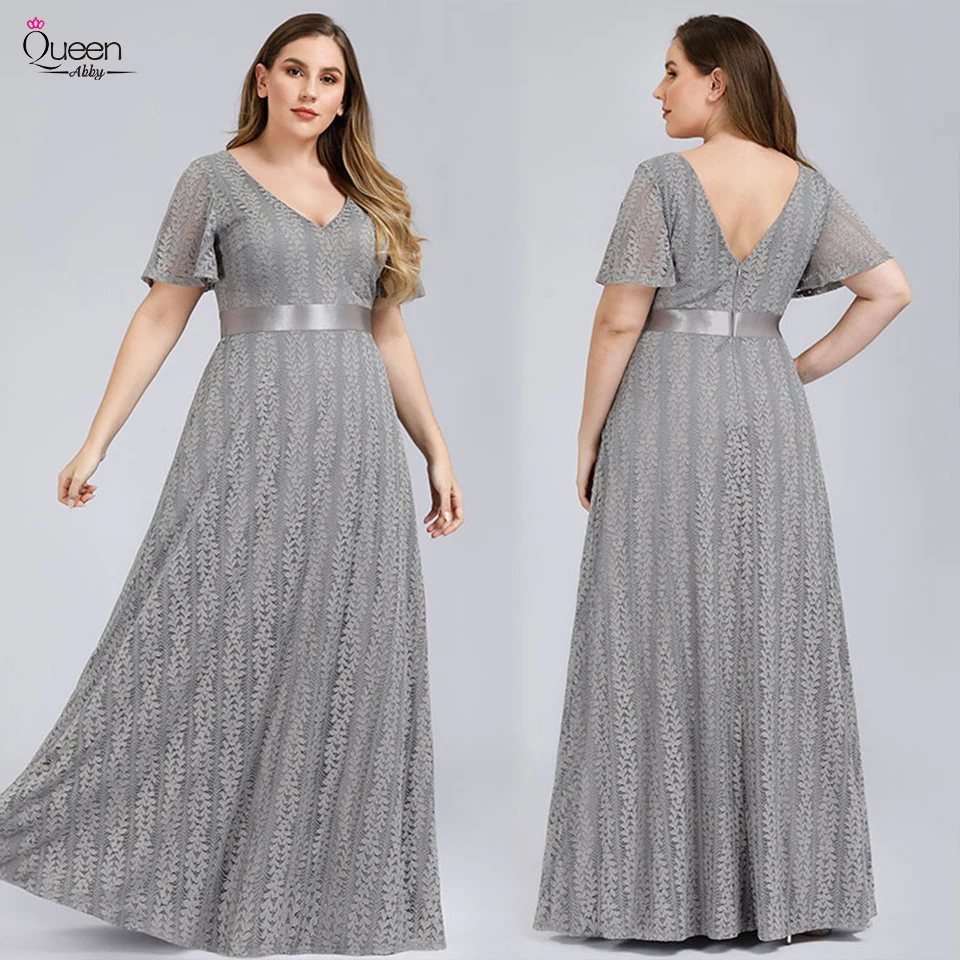 

Plus Size Elegant Evening Dress A-line Double V-neck Short Sleeves Floor-lengt Dress with Sashes Zipper-up Dress for Party