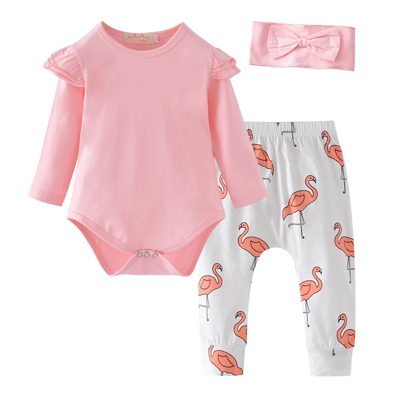 Одежда для маленьких девочек; осенний комплект из 3 предметов для новорожденных; хлопковая Футболка и штаны; повязка на голову; осенняя одежда; комплект одежды для маленьких девочек - Color: Pink