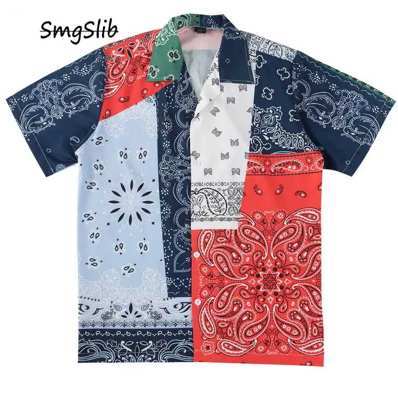 

2020 Hip Hop Cashew Flowers Print Color Block Patchwork Beach Aloha Hawaiian Shirts Streetwear Summer Short Sleeve Shirt Top