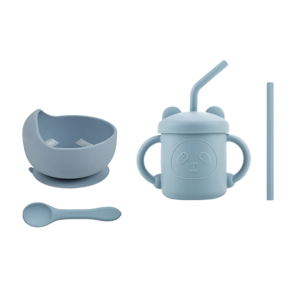

Baby Silicone Bowl Children Feeding Cup with 2 Straws Kids Tableware Set Baby Spoon Non-slip Training Utensils for Toddler