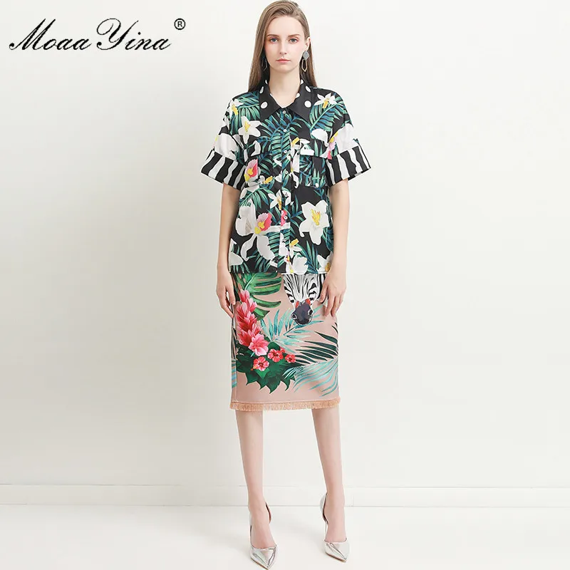 Модный дизайнерский комплект moaayina, весна-лето, женская рубашка с коротким рукавом и принтом в виде зеленых листьев, Топы+ юбка с кисточками, комплект из двух предметов