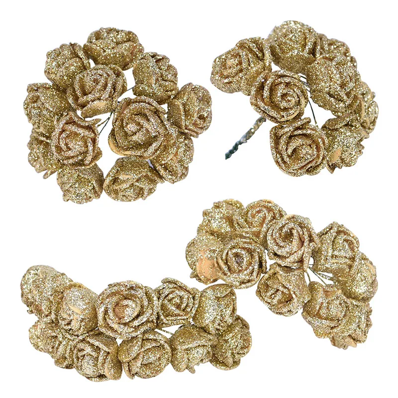 

72pcs/lot 2cm Gold Pink Red Rose Red Glitter Foam Rose Artificial Flowers for Wedding Decoration Gift Box Decorative Fake Flower