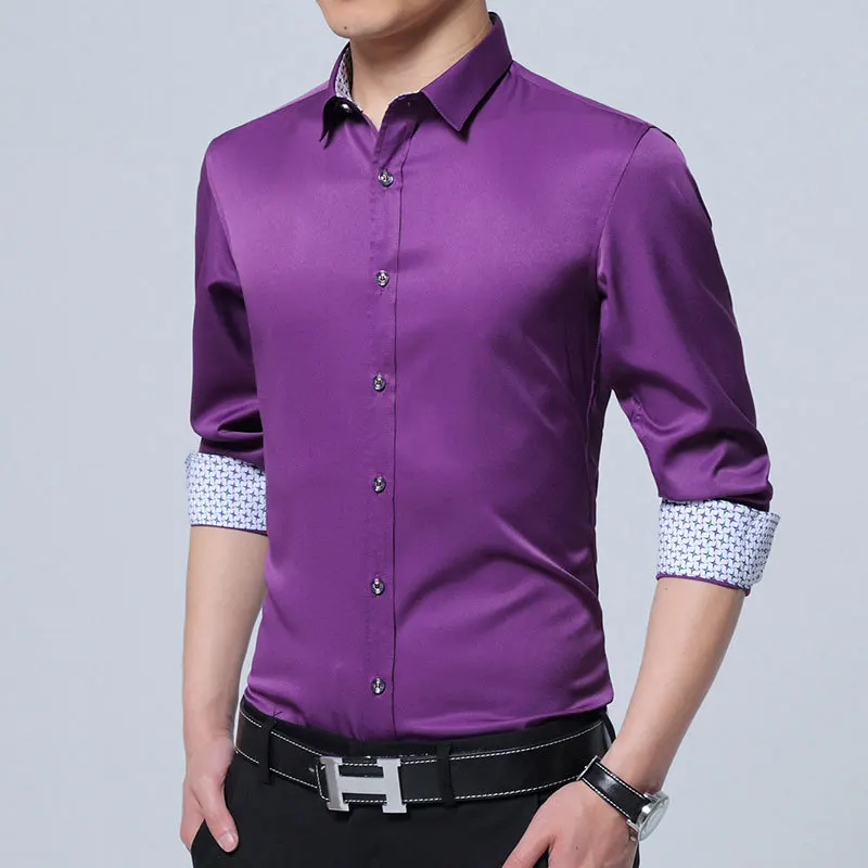 BROWON Men Shirt Business Autumn Stretch Shirt Men Cardigan Long-sleeved Turn-down Collar Social Shirt Solid Wedding Shirt - Цвет: Фиолетовый