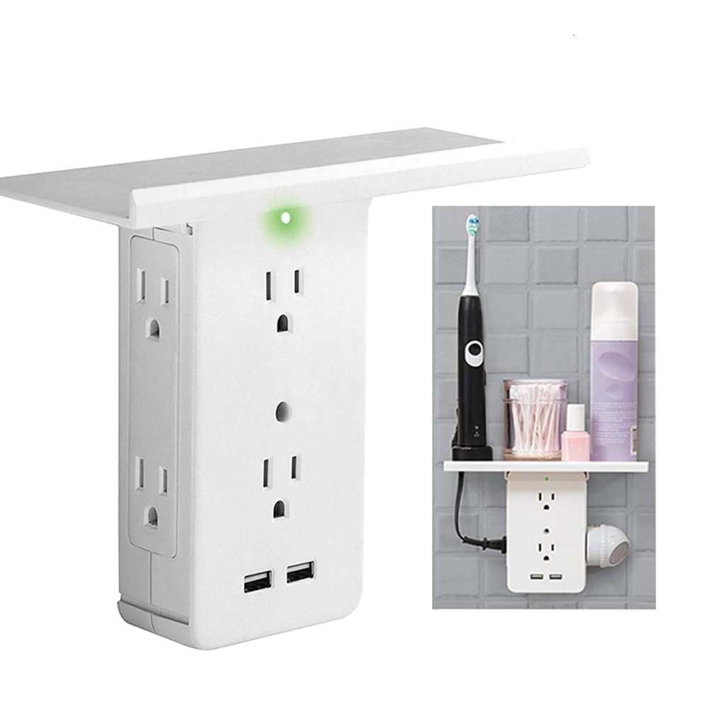

Switch Socket Rack 6 Electrical Outlet Extenders With 2 USB Charging Ports Removable Built-In Detachable Shelf Drop Shipping