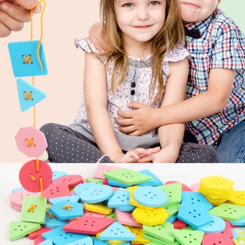 

40-120pcs Baby Wooden Beads Toy Set DIY Lacing Board Buttons Lacing Stringing BeadsToy Kids Threading Bead Game Montessori Toy