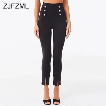 

Buttons Causal Skinny Pants for Women High Waisted Front Split Pencil Pants Streetwear Mujer Plus Size Long Black Sweatpants
