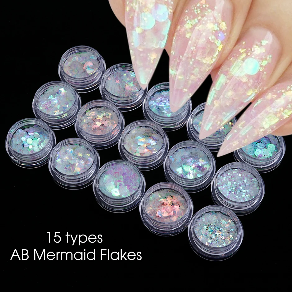  1 caja de lentejuelas para uñas Aurora AB Color Paillette  Mermaid Nail Flakes Glitter Manicura Estrella Corazón Redondo Slider-Nail  Glitter Flakes para uñas - Escamas de purpurina de uñas holográfica-Arte de