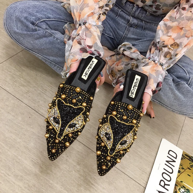 Fox Design Mules Shoes Women Flat Slippers Pointed Toe Rhinestone Rivet Stud Ladies Luxury Loafers Slip On Wedding Party Shoe