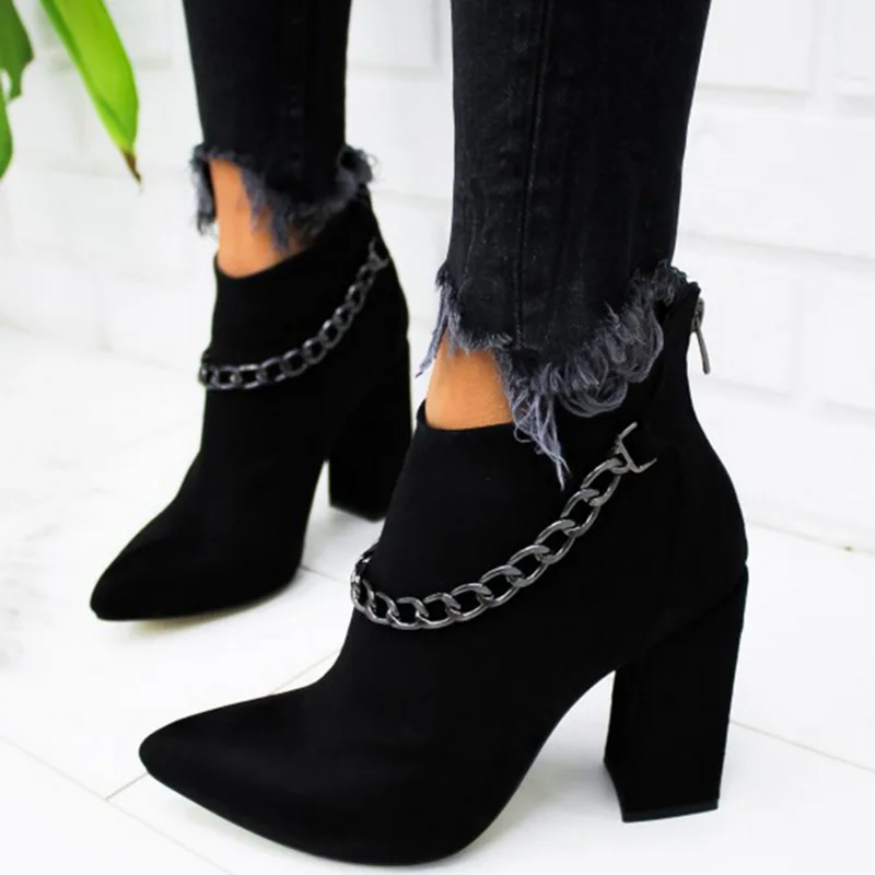 

Wedding Women Shoes Short Sexy Ankle Boots High Heel Fashion Chain Pointed Toe Boots Woman Party Ladies Shoes Plus Size 35-43