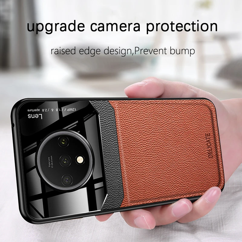 

PC Grained Skin-pattern Retro Leather Phone Case for OnePlus 1+7 7T Pro Glass Protect Lens Cover for OnePlus 6 6T 8 8 Pro Cases