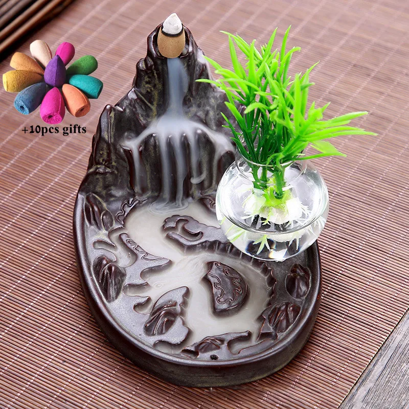 

Creative Ceramic High Mountain Backflow Incense Burner Home Decor Furnace Incense Holder Hydroponic Container + 10pcs Cones