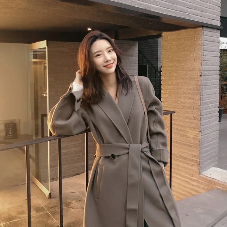 Women Winter Green Super Long Wool Overcoat Elegant Double-sided Woolen Coat Jacket with Waist Belt Brief Loose Outwear