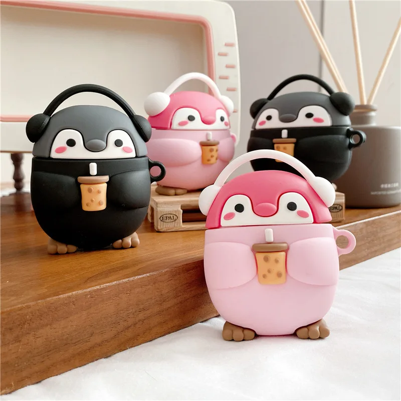 

Cartoon Milk Tea Penguins Case for Airpods Pro Soft Silicone 3D Cute For Airpod 2 Cases Fundas Earpods Case with Keychain