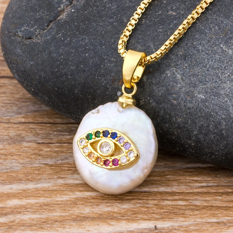 Turkish Evil Eye Necklace Charm Freshwater Pearl Pendant Gold Chain Copper Zircon Jewelry For Woman Girls Best New Year Gift | Украшения и