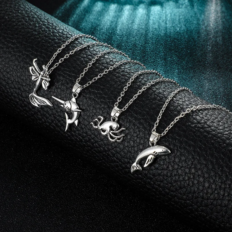 Винтажные серебряные многослойные ожерелья и кулоны для женщин, модные сексуальные ожерелья-цепочки в виде русалки, акулы, осьминога, женские пляжные ювелирные изделия