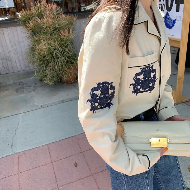 Интернет-знаменитость костюм; пальто с воротником Для женщин стиль, в Корейском стиле; сезон лето-Стиль свободные тонкие топы с подкладкой, Ретро стиль, с вышивкой куртка Для женщин Dr