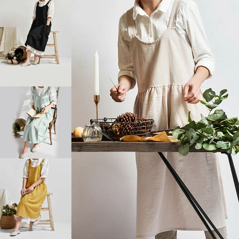 1PC Kitchen Cooking Vintage Apron Women Cotton Linen Bib Apron Dress Cafe Kitchen Cooking Florist Vintage Apron