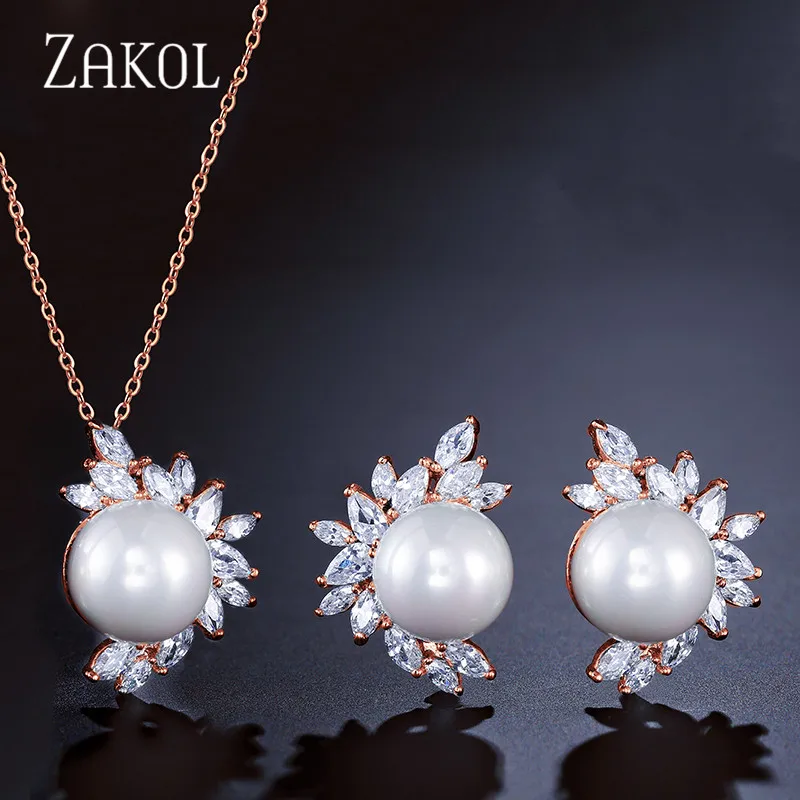 ZAKOL Лидер продаж 3 цвета искусственный жемчуг свадебный набор украшений для женщин Мода цветок кубический циркон серьги/кулон наборы FSSP325