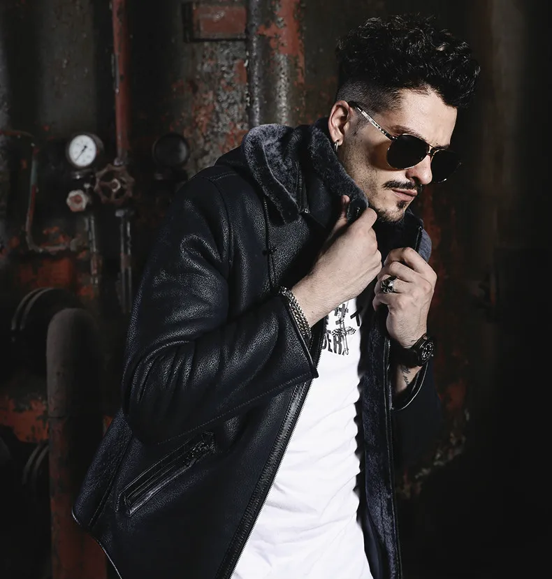 High Quality Men Genuine Leather Coat Sheepskin Mens Hooded Shearling Jacket Leather Winter Jackets Plus Size M-5XL