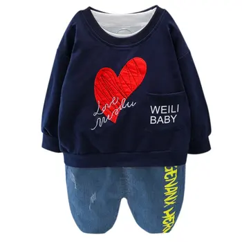 

Autumn Children's Baby Boy Loose Casual Printing Tide Fan Round Neck Shirt Long Sleeve Sweater Denim Suit For Boy Clothing Sets