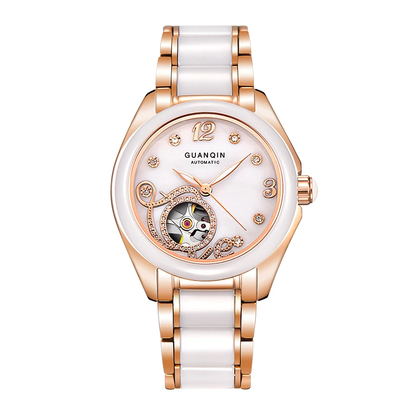 

GUANQIN GJ16038 Ceramic Women Watch Automatic Mechanical Watches skeleton Ceramic Watch Strap Rhinestone Shell Pattern