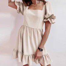 

Elegant Square Collar Solid Summer Dresses Fashion Vintage Short Sleeve Lady Party Dress Women Casual Ruffle Mini Dress Vestidos