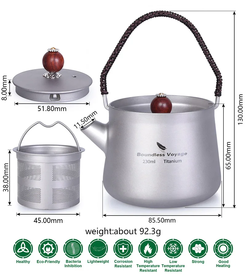 Conjunto com Filtro Boundless Voyage Mini Titanium Chaleira Copo Anti-escaldante Alça Tampa Acampamento Café Chá Água Maker 230ml Ti15101b 3 ???-1