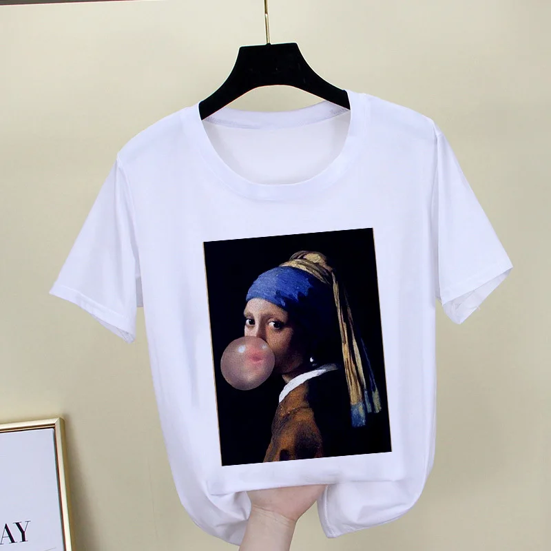 Mona Lisa футболка для женщин, модная футболка, летняя коллекция года, Harajuku, эстетика, короткий рукав, белые топы, женская футболка - Цвет: removable head ql