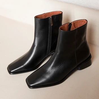 

2020 Autumn New Chelsea Boots Square Toe Zip Boots Women Genuine Leather Square Heel Winter Short Plush Ankle Boots Size 34-42