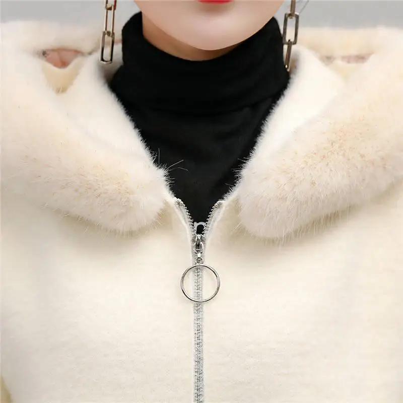 Autumn Winter Women Elegant Loose Hooded Faux Mink Fur Knit Cardigan Sweater Female Casual Embroidered knitted Jacket X106