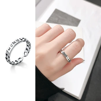 

Mocanie Authentic 925 Sterling Silver Vintage Lettering “Lucky” Chain Opening Finger Ring for Women Geometric Ring Fine Jewelry