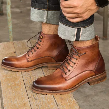 

New Men Martin Boots Genuine Cow Leather Man Ankle Boots Male Lace-up Casual Shoes Men Bullock Boots High-top Boots