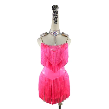 

Sparkly Rhinestones Latin Dance Dresses For Women Lace Club Party Dancer Singer Entertainer Fringe Tassel Rose Red Dress