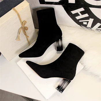 

2020 Women Fashion 7cm High Heels Pointed Toe Ankle Boots Nightclub Low Heels Rhinestone Boots Black Winter Prom Suede Pumps