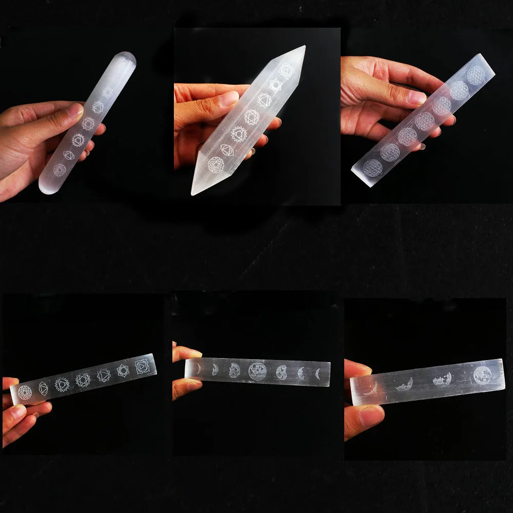 1 шт. натуральные белые руны селенита 7 Чакр волшебная палочка с гравировкой