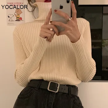 

Yocalor 2020 Thicken Autumn Winter Sweater For Women All-match Turtleneck Vertical Stripes Solid Knitted Pullover Jumpers Femme