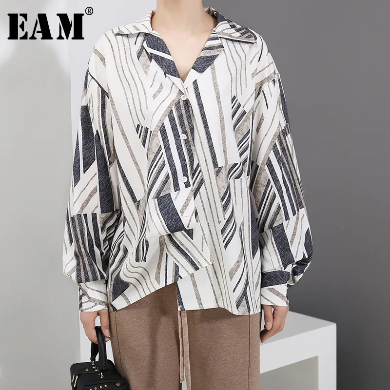

[EAM] Women Red Striped Print Big Size Blouse New Lapel Long Sleeve Loose Fit Shirt Fashion Tide Spring Autumn 2019 1D740