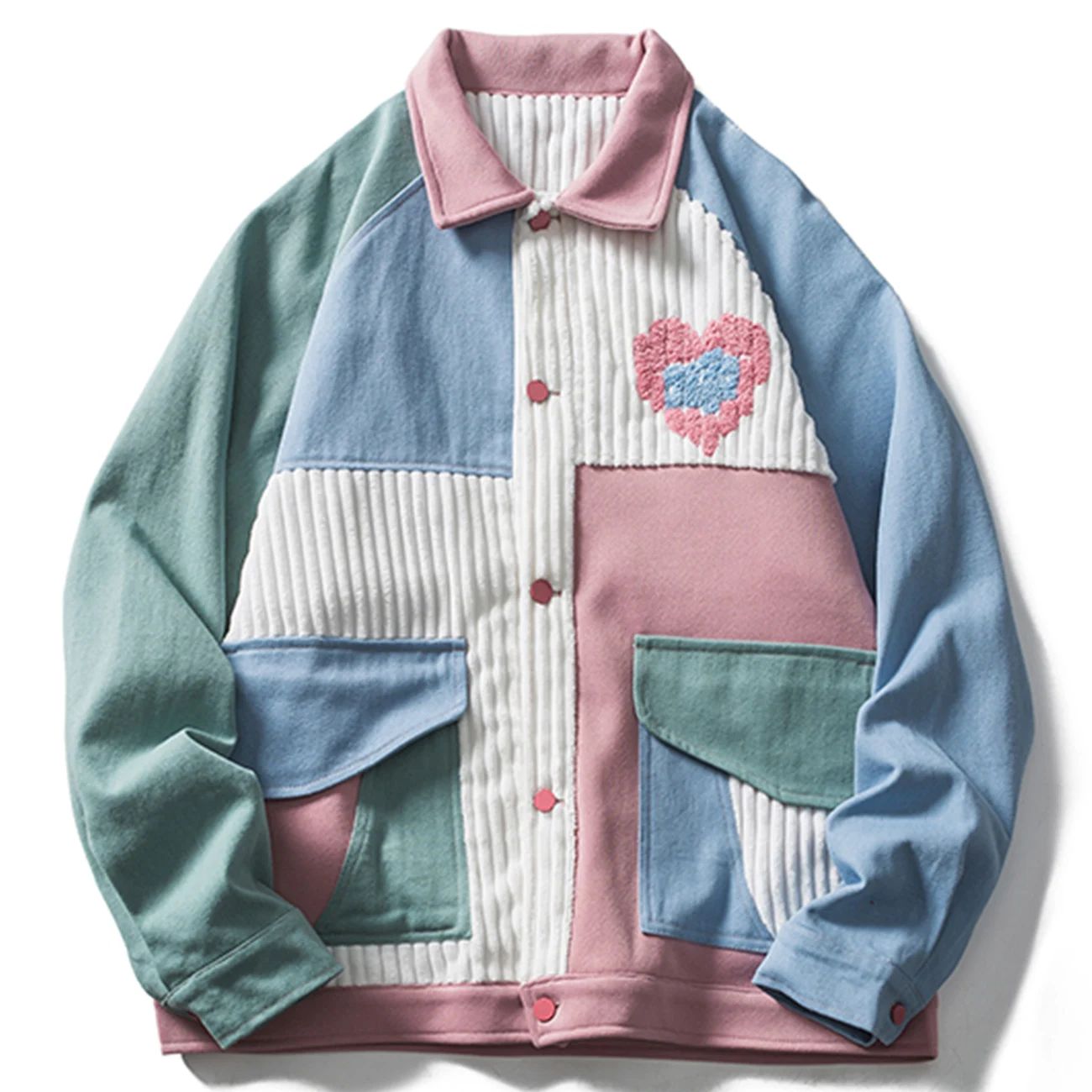 

LACIBLE Hip Hop Harajuku Streetwear Jacket Color Block Patchwork Heart Jacket Men 2021 Autumn Cotton Casual Pockets Jacket Coat