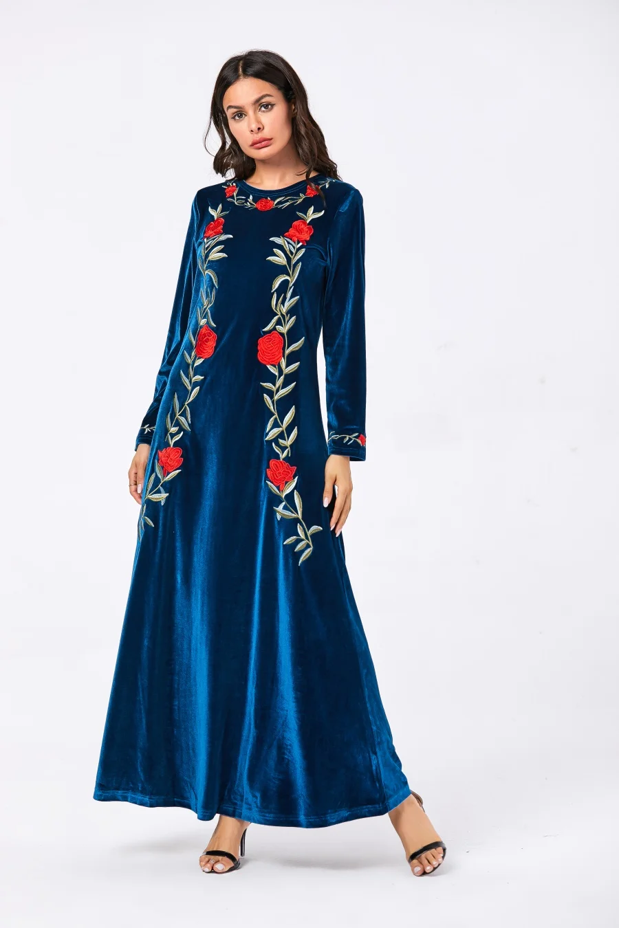 Мусульманское женское платье Абая кафтан бархат вышитые Макси длинное платье элегантный круглый вырез с длинным рукавом Осенняя Турецкая одежда