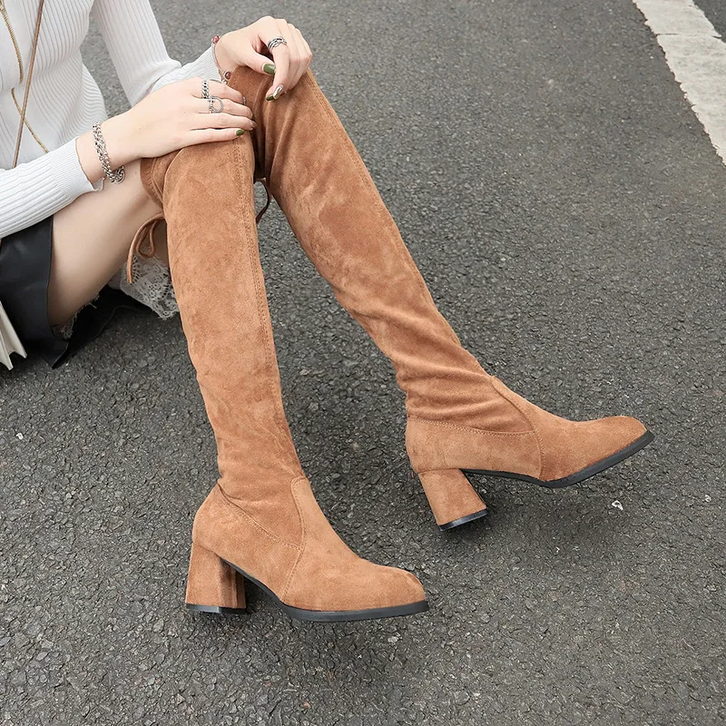 

Europe And America New Style Chunky-Heel Suede Tie-Back Biker Boots Women's over-the-Knee Elasticity Boots High Heel Online Cele