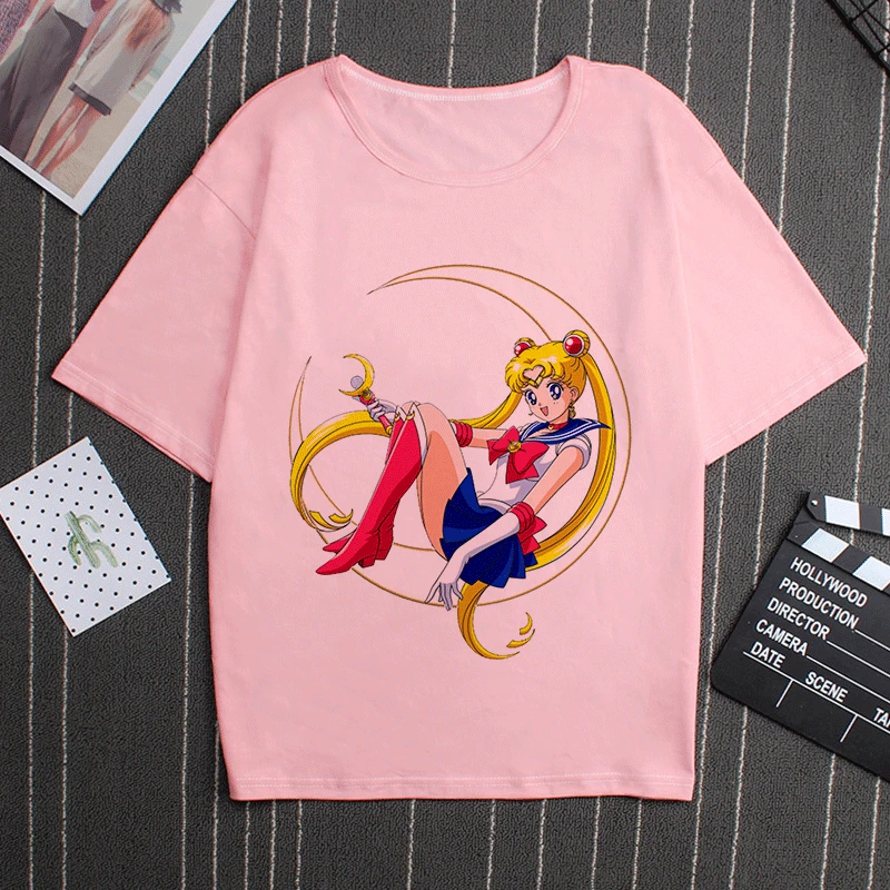 Sailor Moon 90s Funny Pink T Shirt Harajuku Clothes Tshirt Aesthetic Cat Anime Vogue T-shirt Kawaii Graphic Tees Ullzang Women