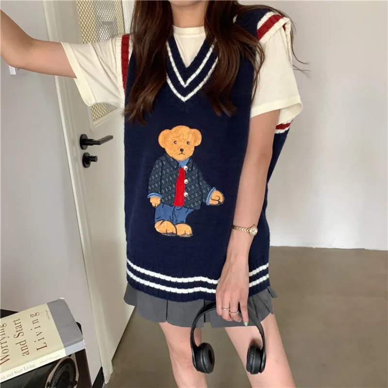 

Korean Kawaii Bear Sweater Women Autumn Winter O Neck Long Sleeve Loose Pullover Sweaters Knitted Sweater Pull Femme 2022