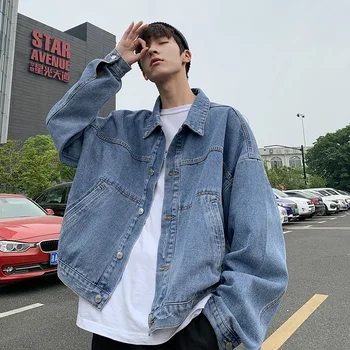 

2019 Autumn Men's Cowboy Loose Coats Work Clothes Fashion Trend Streetwear Denim Bomber Jacket Blue Color Windbreaker M-2XL