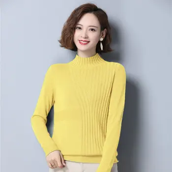 

Yellow Green Pink Cashmere Pullover Sweater Woman Slim Fit Robbit Hair And Sheep Wool Knitted Top Woman High Collar Pull Jumper