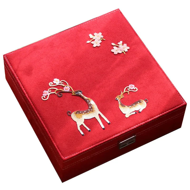 

Handmade Embroidery Multilayer Jewelry Storage Box Antique Style with Lock Earrings Eardrops Box Wedding and Birthday Gift