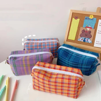 

1 Pc Large Capacity Retro Grids Pattern Canvas Pencil Case Girls Women Cosmetic Bags Makeup Case Travel Stationery Storage Bag